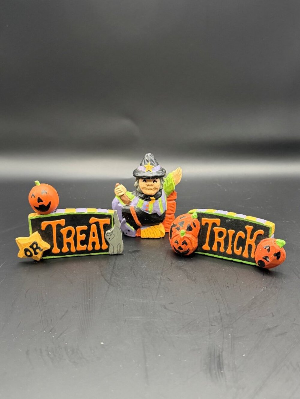 Vintage Wooden Halloween Decor Set of 3 Mini Witch Trick or Treat Shelf Sitters